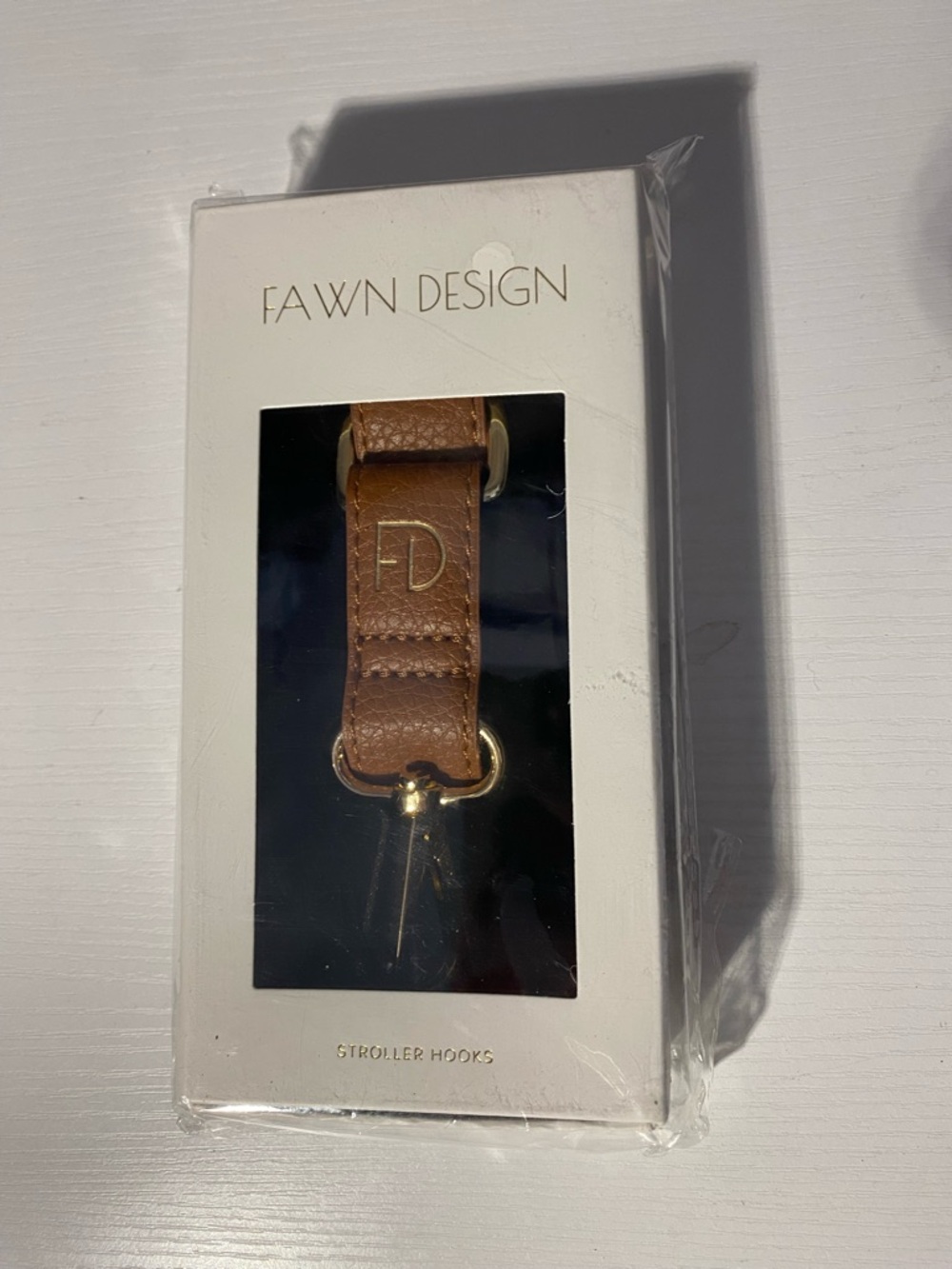 Brand New Fawn Design Stroller Hooks - Brown - Faux Leather & Gold Hardware